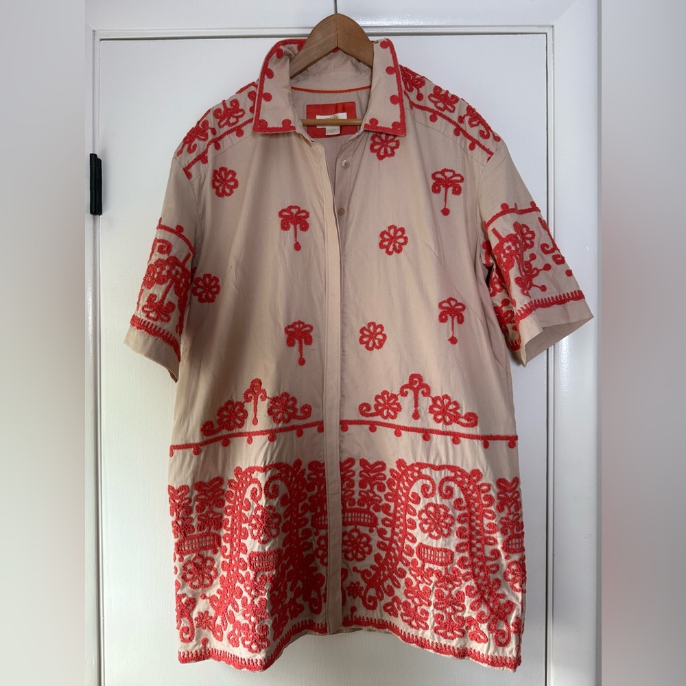 Maeve Anthropologie Embroidered Shirt Dress Utility Safari Style Tan Coral Large - Picture 6 of 15